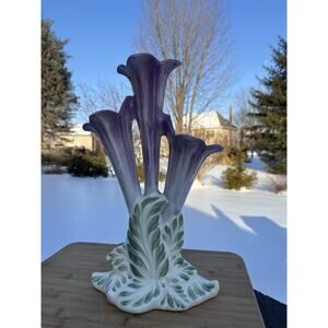 MCM Royal Haeger Triple Lily Vase Purple & Green Royal Hickman 16.75” Tall